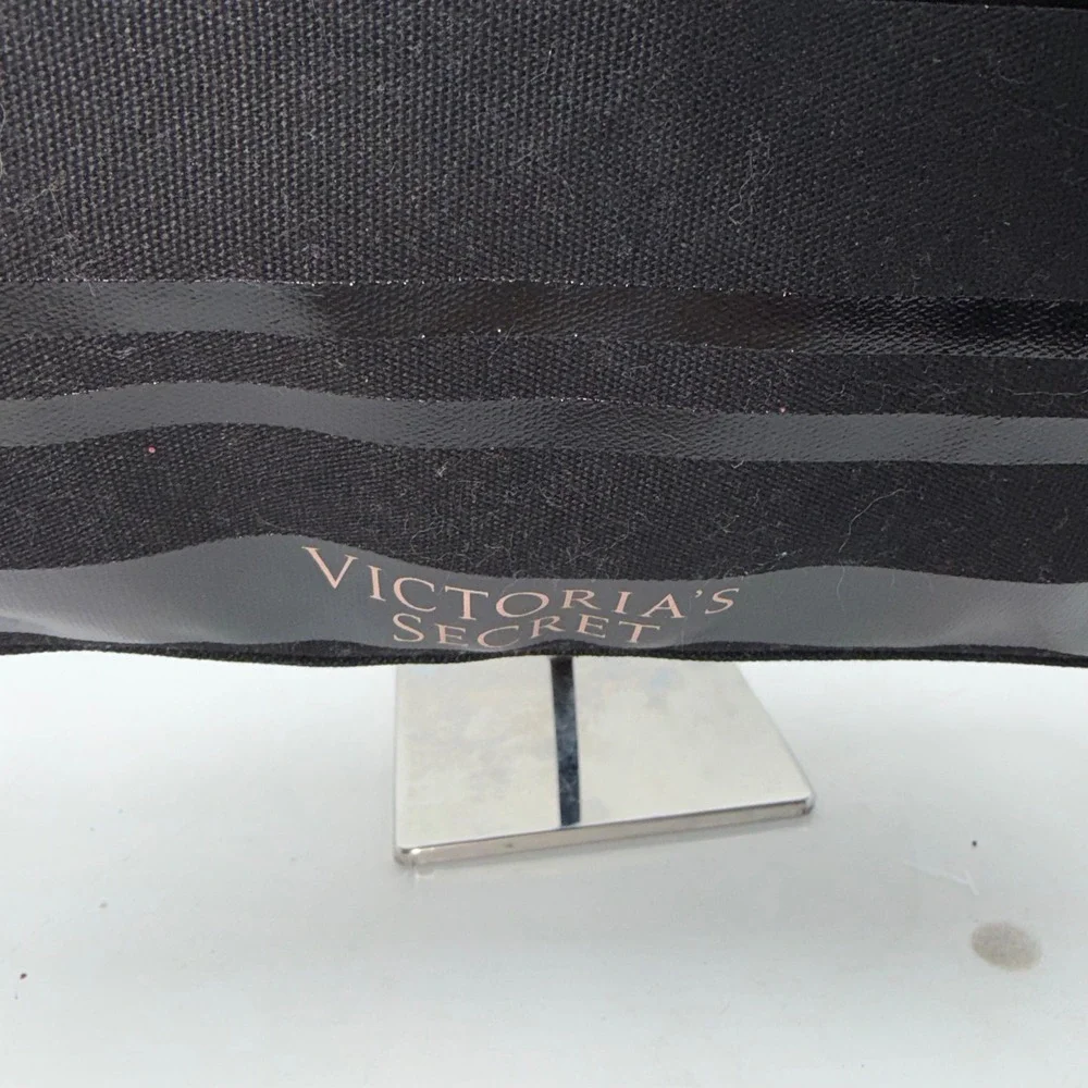 Victorias Secret Black Striped Lace Up Canvas Tote Bag Rose Gold Grommets NWT - Picture 3 of 11